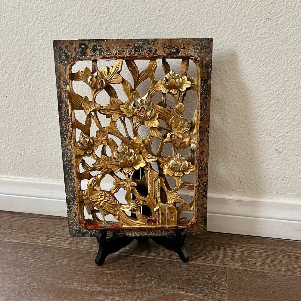 Vintage Chinese Handcarved Gilded Wood Wall Panel Design Of Birds And Flowers